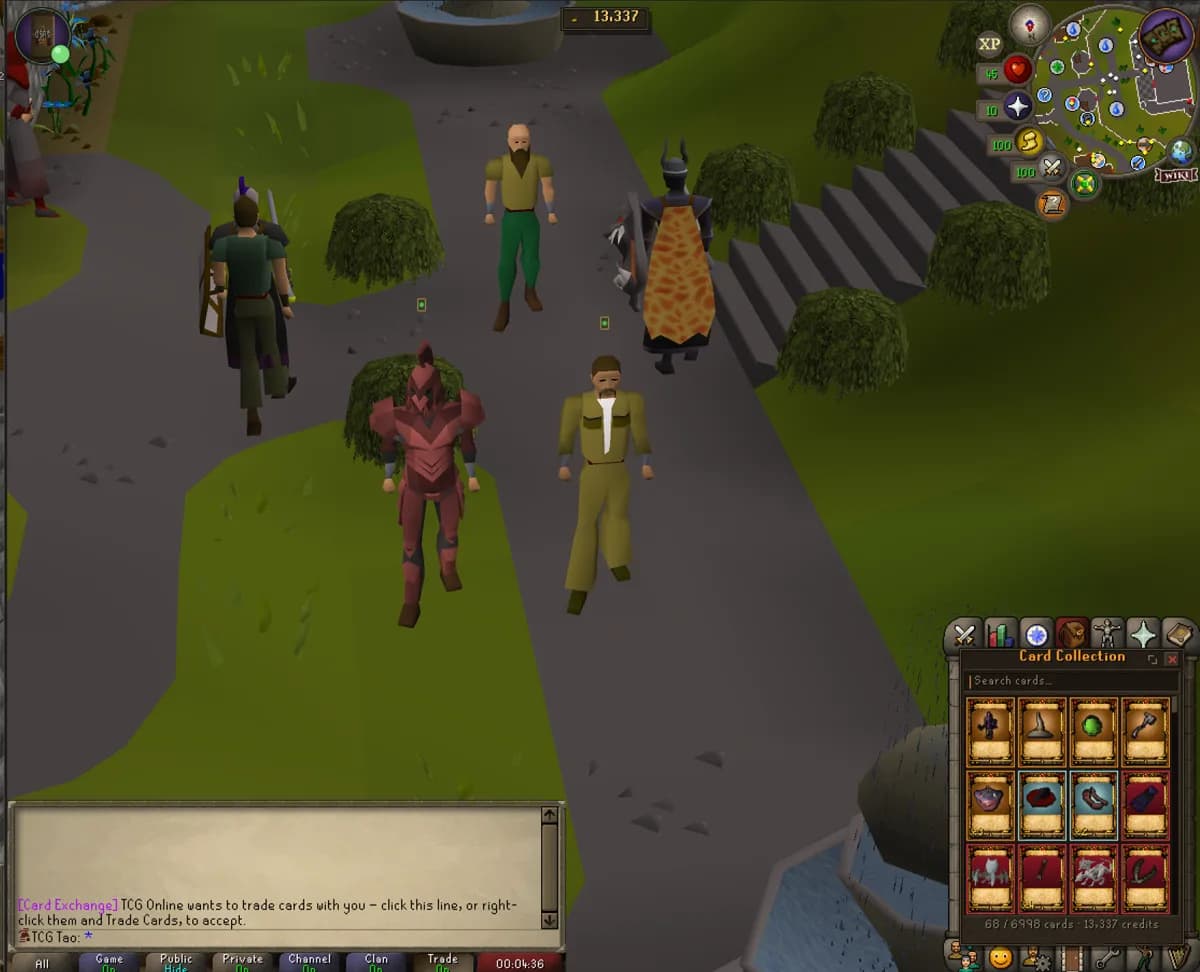 Players standing in game, each with a small card badge beside their name marking them as online in TCG Online.