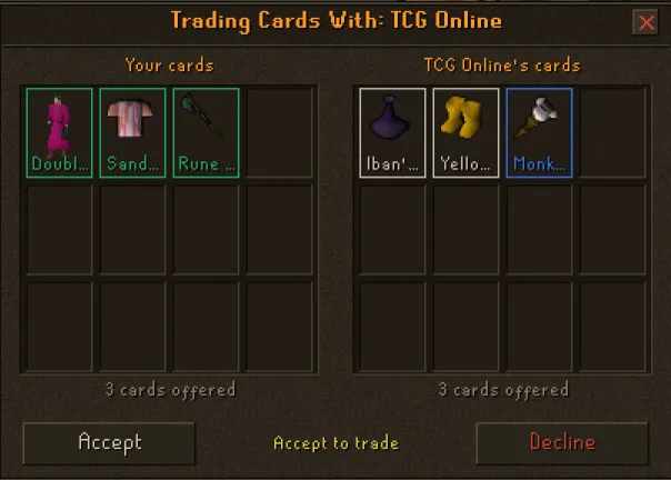 The in-game card trade window, with each player's offered cards on their own side.
